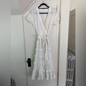 Beatriz Camacho White Linen Tiered Ruffle Wrap Front Midi Dress